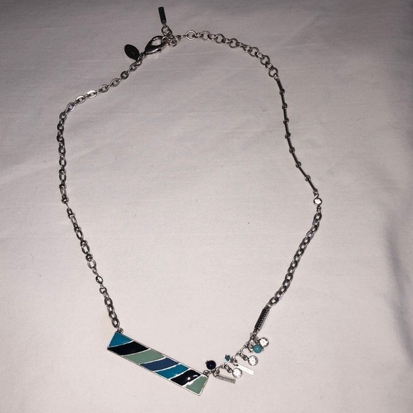 Chicos Blue Striped Bar Necklace Silver Tone - Picture 1 of 5